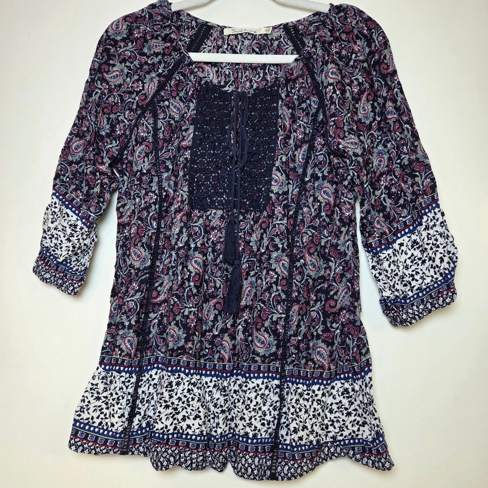 Solitaire Navy Paisley Crochet Lace Tassel Boho Peasant Cottagecore Top Small